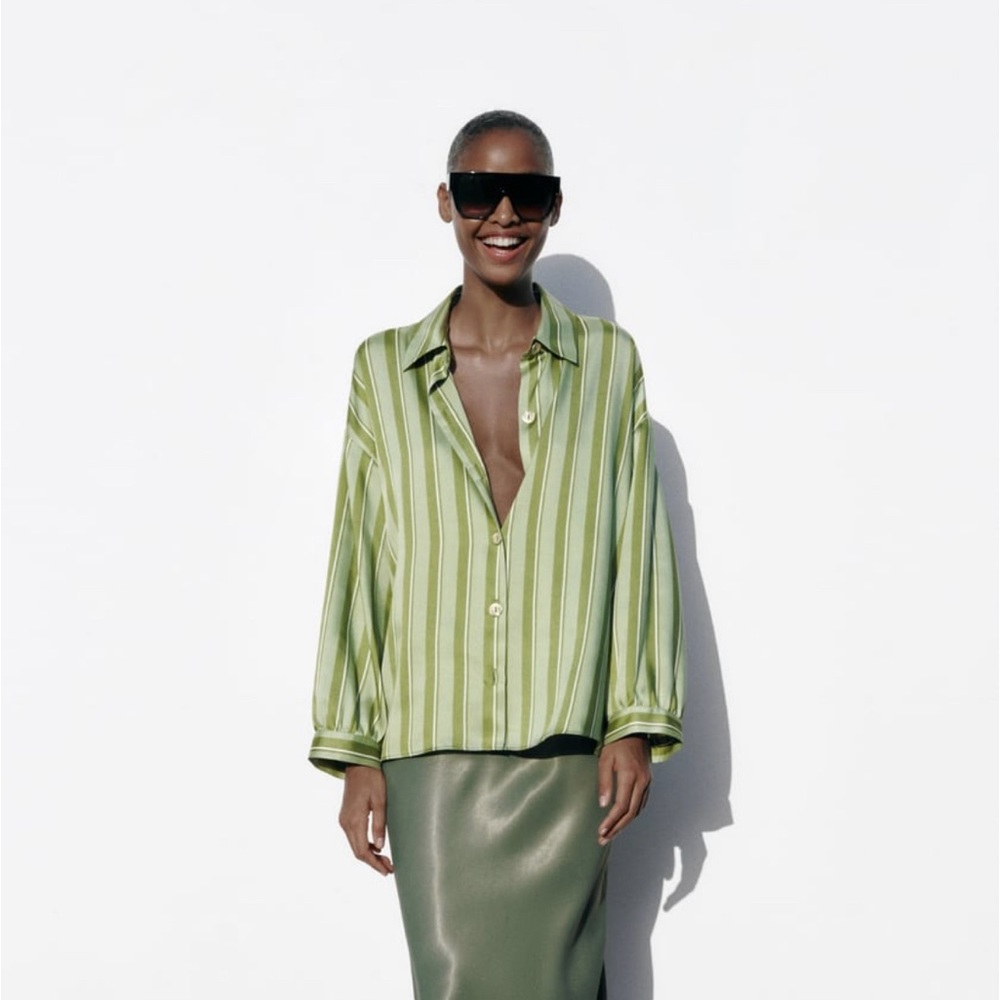 Zara Green Striped Button-Up Blouse